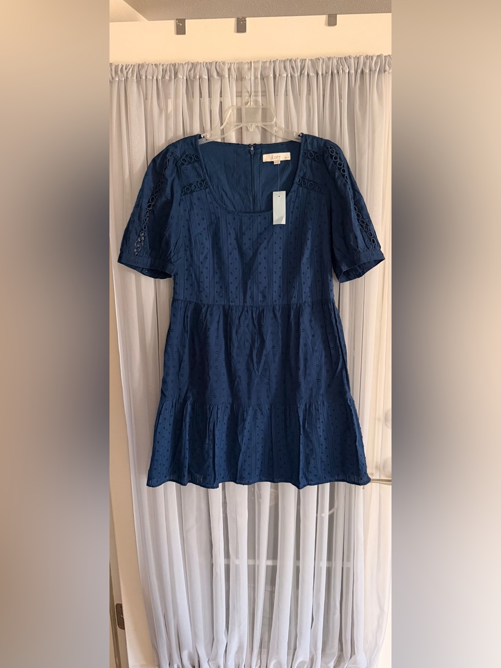 LOFT 100% Cotton Navy Eyelet Tiered Casual Dress 4P